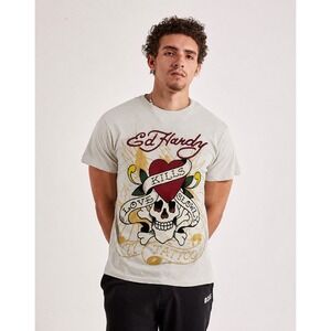 Ed Hardy T Shirt Mens S Cream Love Kills Slowly Tattoo Graphic Y2K Skull Heart